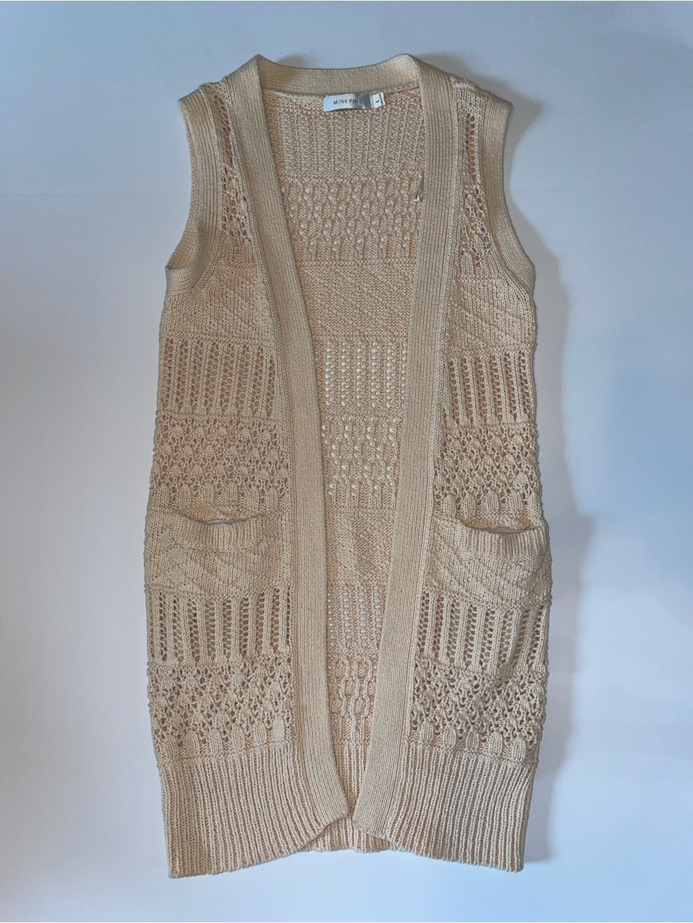 Minkpink Crochet Knit Sleeveless Longline Cardigan Vest Beige See Size Note
